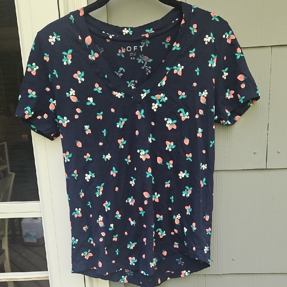 LOFT Navy T-Shirt with Floral Accents